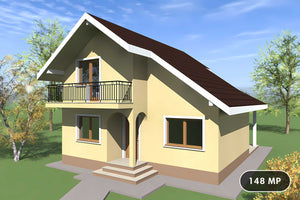 Proiect de casa structura metalica cu etaj si terasa 150 mp - fatada principala imagine 1 thumbnail