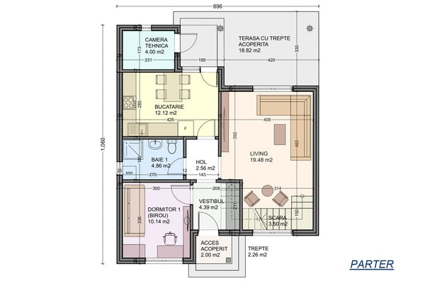 Proiect de casa structura metalica cu etaj si terasa 150 mp - planul parterului