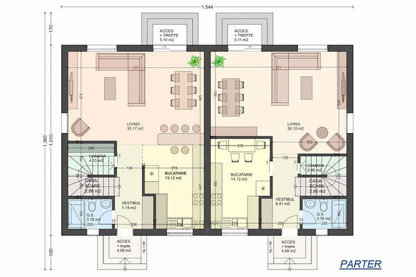 Proiect de casa structura metalica tip duplex cu etaj 340 mp - plan parter