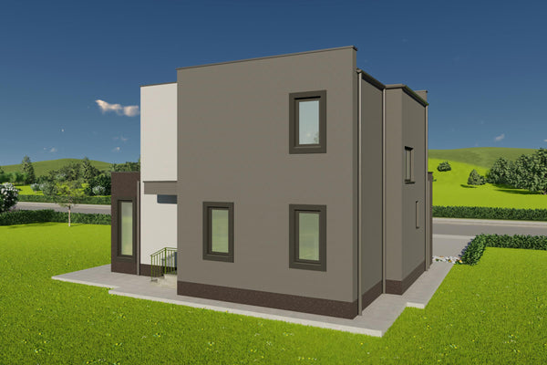 Randare 3D casa moderna cu etaj si ferestre cu contur gri inchis