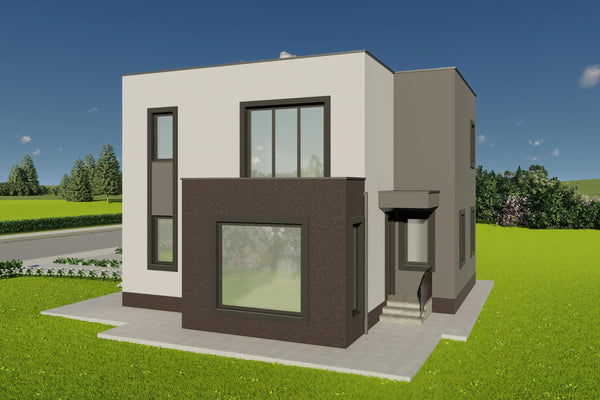 Randare 3D fatada cu accente grena la nivelul soclului