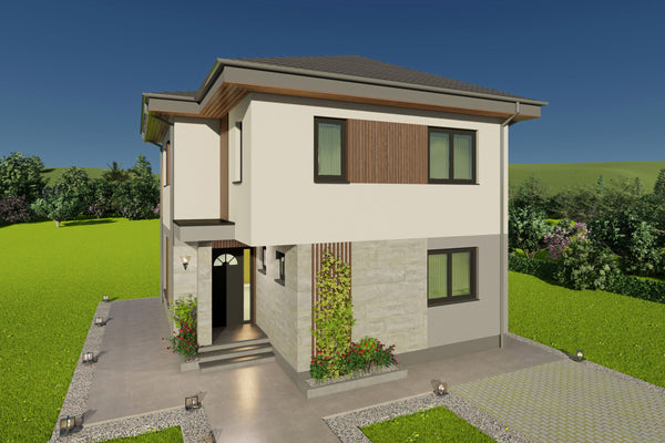 randare 3D perspectiva de zi pentru proiect de casa amprenta 80 mp etajata