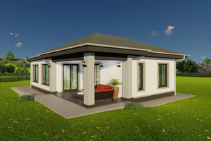 Randare de arhitectura cu fatada posterioara a unui imobil de 130 mp din profile metalice zincate thumbnail