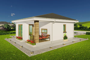 Randare din lateral terasa acoperita pentru constructie casa eleganta din zidarie cu fatade si accente in nuante deschise thumbnail
