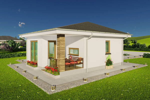 Randare din lateral terasa acoperita pentru constructie casa eleganta din zidarie cu fatade si accente in nuante deschise