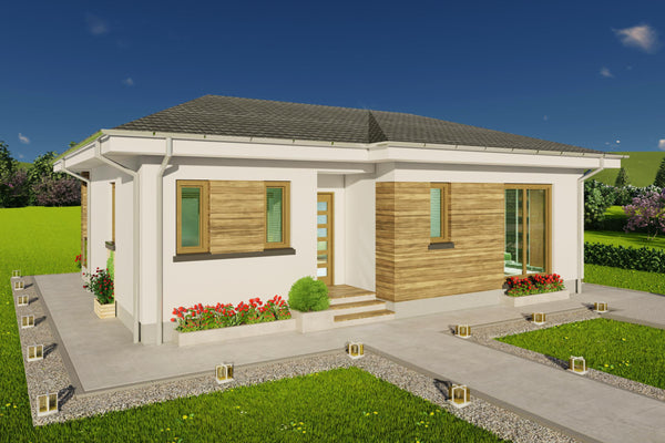 Randare exterioara fatada principala model constructie casa zidarie stil modern cu lemn