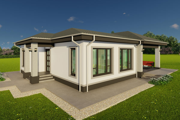 Randare fatada principala pentru proiect casa moderna pe structura metalica de 130 mp cu stalpi placati ceramic