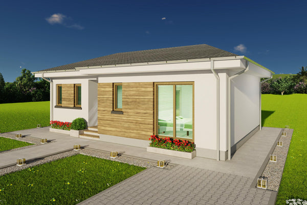 Randare frontala proiect de casa frumoasa mica cu detalii exterioare din lemn