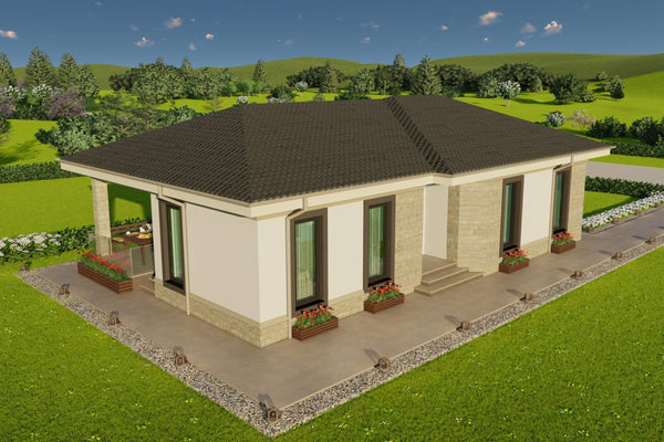 Reprezentare 3D ansamblu casa modulara cu terasa