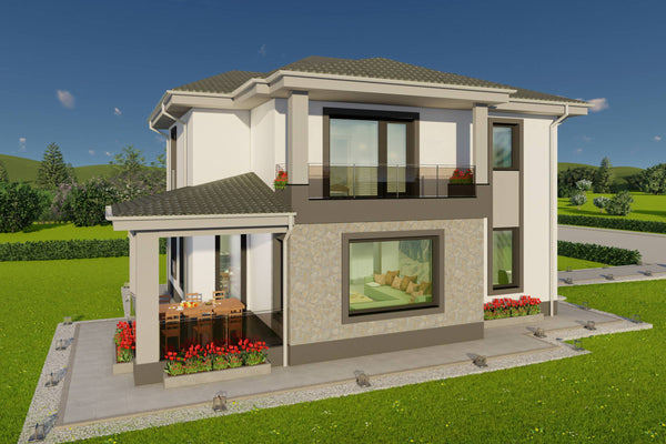 Reprezentare 3D fatada principala proiect casa moderna cu etaj
