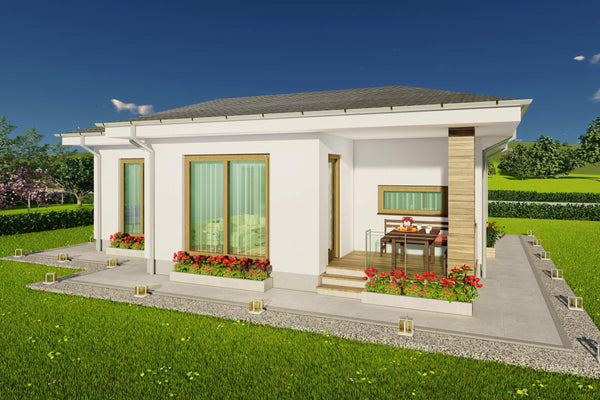 Reprezentare digitala imobil parter constructie casa zidarie tamplarie PVC si terasa mica in stil modern