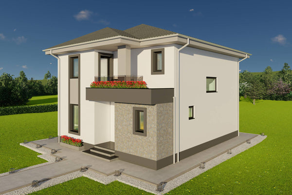 Reprezentare grafica constructie casa din caramida tencuiala decorativa alba