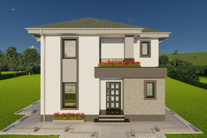 Reprezentare grafica fatada alba cu accente gri antracit model casa P+E thumbnail