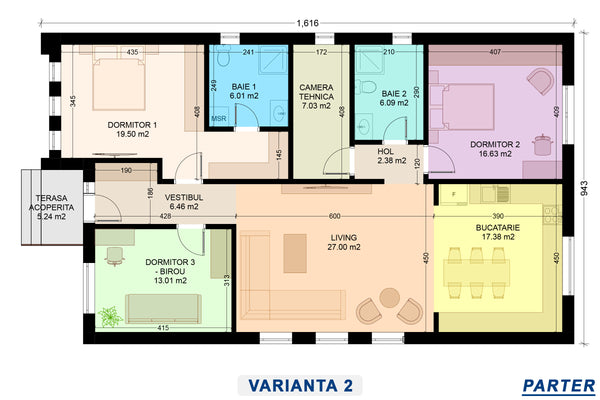 Schita arhitecturala casa stil mediteranean 3 dormitoare 2 bai in regim open space