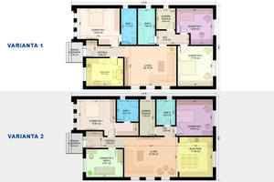 Schita arhitecturala model casa 150 mp in 2 variante de organizare interioara thumbnail
