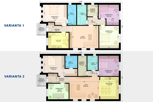 Schita arhitecturala model casa 150 mp in 2 variante de organizare interioara