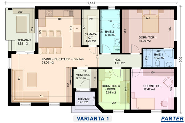 Schita compartimentare open-space casa modulara parter cu 3 dormitoare - varianta 1