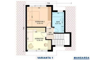 schita etaj mansardat varianta 1 organizare interioara model 099-173 thumbnail