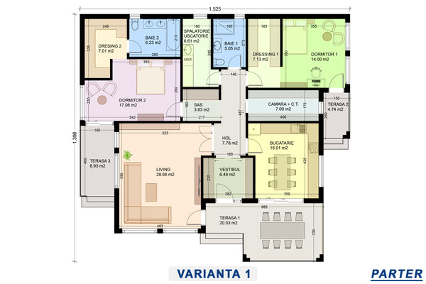 schita interioara proiect casa cu 2 dormitoare si terasa solutia 1