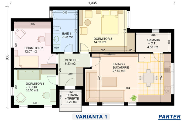 schita model casa cu 3 dormitoare living baie si bucatarie