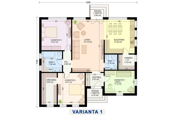 schita proiect casa 3 dormitoare 2 bai fara etaj versiunea 1