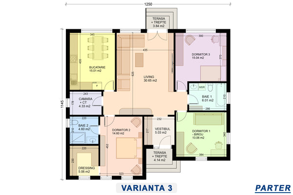 schita proiect casa 3 dormitoare 2 bai fara etaj versiunea 3