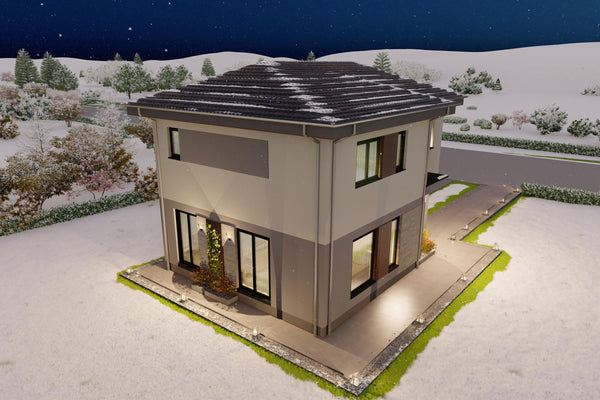 stil minimalist cladire pe structura metalica cu amprenta 80 mp pe timp de iarna