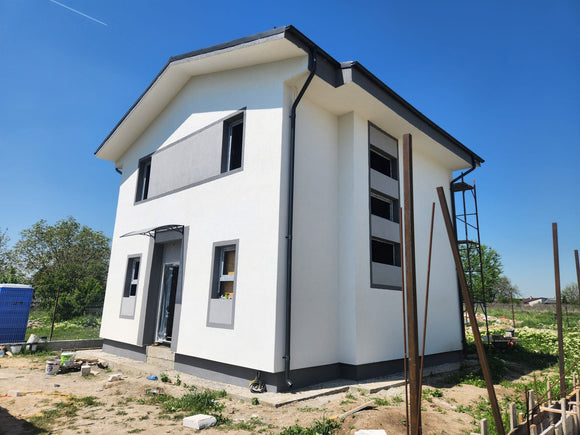 Aplicare tencuiala decorativa casa pe structura metalica fata laterala dreapta