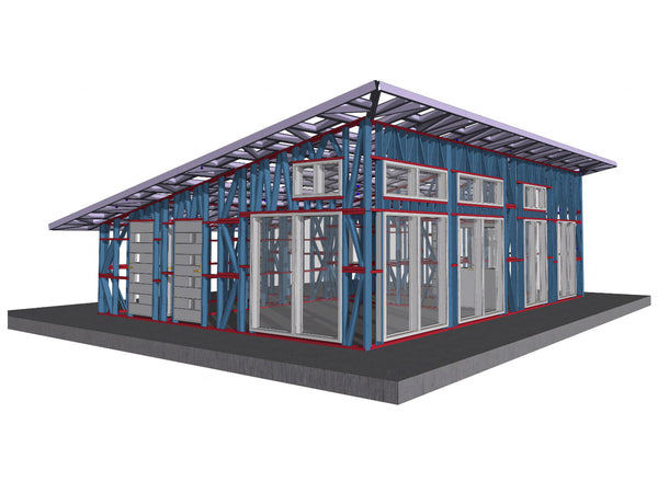 volumetrie proiect de structura metalica casa vedere suprafata vitrata si zona de intrare casa