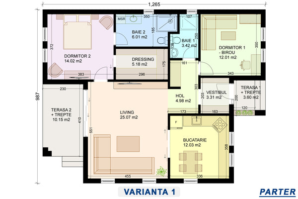 varianta 1 de organizare interioara pentru casa la sol construita din zidarie de 115 mp
