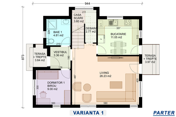 varianta 1 plan parter proiect casa 5 camere cu etaj – compartimentare clasica cu living, birou si bucatarie inchisa