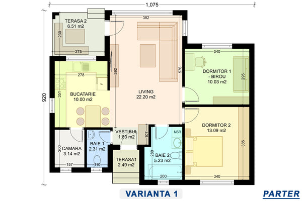 varianta 1 schita casa frumoasa mica din zidarie cu 2 dormitoare