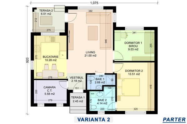 varianta 2 plan locuinta compacta fara etaj cu aspect atractiv 3 camere 2 bai din zidarie