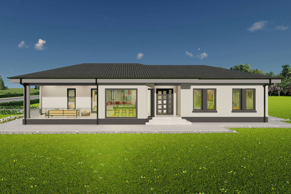 Vedere 3D moderna casa pe structura metalica cu spatii vitrate mari