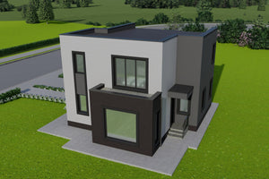 Vedere de ansamblu casa moderna pe structura metalica cu gradina amenajata thumbnail