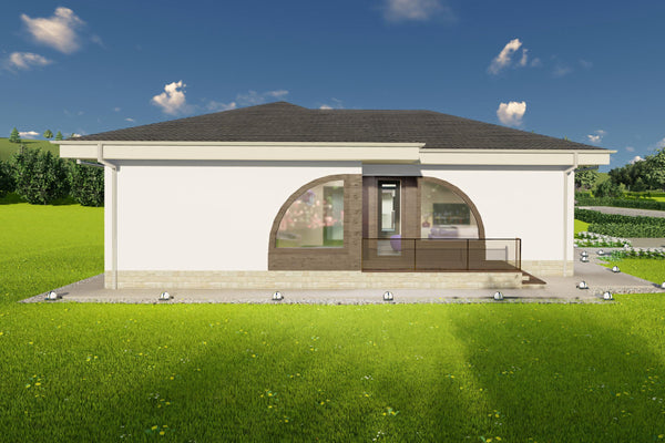 vedere din gradina casa structura metalica si mini terasa