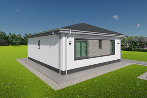 Vedere fatada spate casa din profile metalice cu design minimalist thumbnail