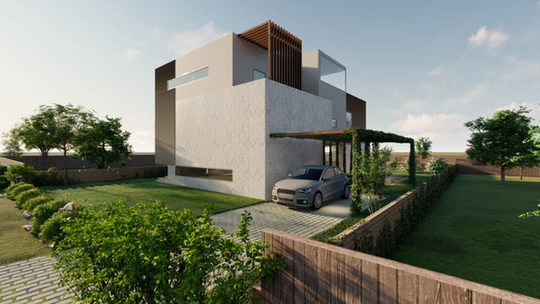 vedere lateral stanga 3D casa pe structura usoara cu acoperis plat 420mp