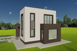 Vedere laterala casa pe structura metalica cu fatada alb si gri antracit thumbnail