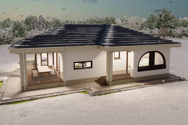 vedere laterala proiect casa parter 2 dormitoare cu tamplarie maro