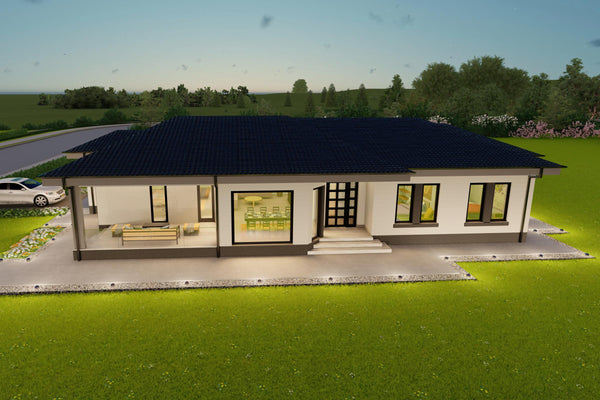 Vedere nocturna casa cu garaj lipit si iluminat arhitectural exterior