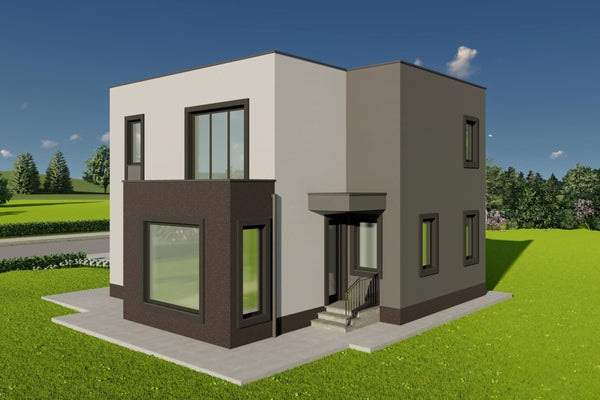Vedere tridimensionala proiect casa 3 dormitoare cu etaj stil minimalist