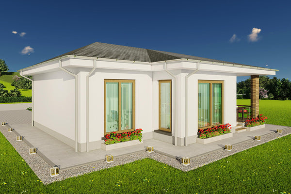 Vizualizare 3D constructie casa frumoasa de zidarie 90 mp cu terasa acoperita
