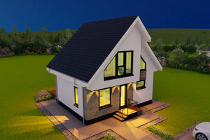vizualizare 3D constructie casa frumoasa mica cu fatade albe si detalii din piatra thumbnail