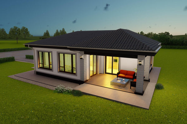 Vizualizare 3D din unghiul de acces terasa pentru casa din zidarie pe un singur nivel