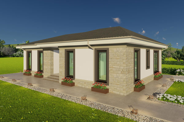 Vizualizare 3D fatada casa modulara bej