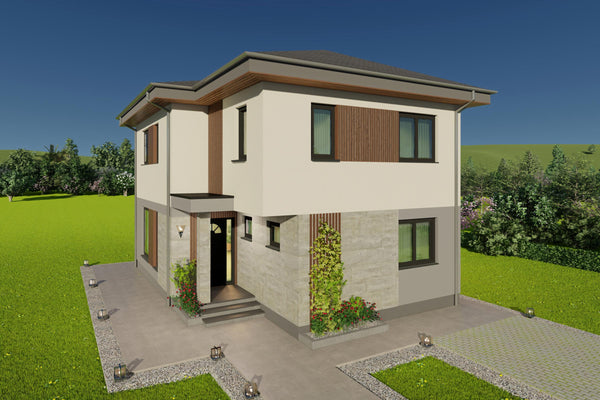 vizualizare 3D imobil modern pe structura metalica laterala stanga