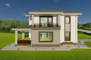 Vizualizare exterioara casa cu etaj si terasa design modern de la Wolf Construct thumbnail