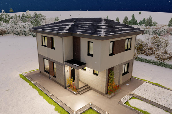 vizualizare exterioara din colt pentru constructie rezidentiala 2 nivele cu 80 mp fiecare