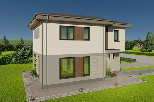 vizualizare exterioara zona de zi si ferestre mari casa P+E